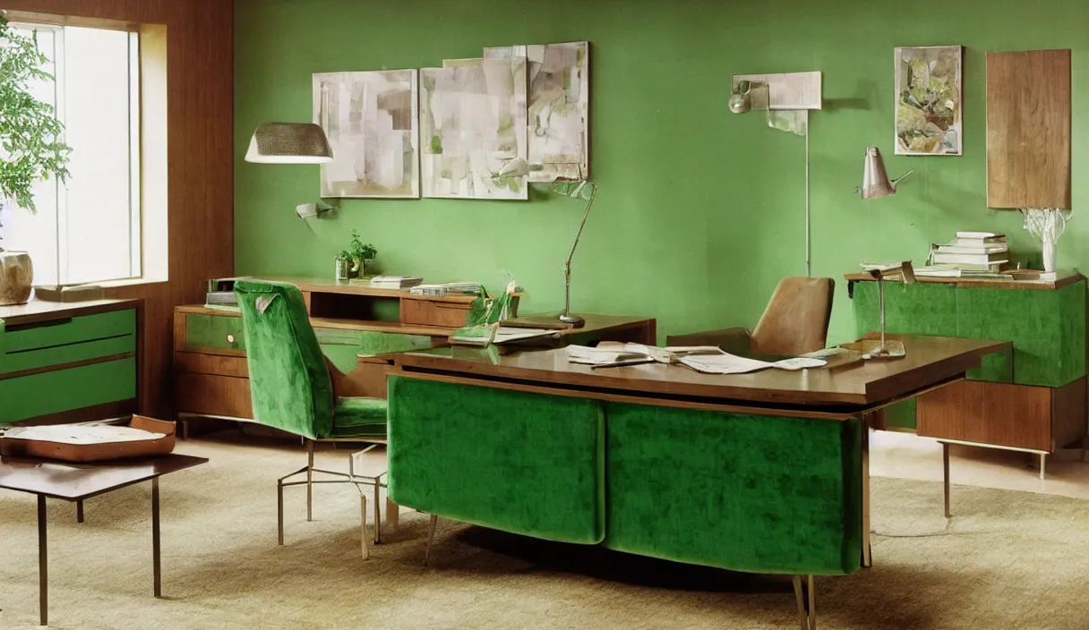 Prompt: a still of severance series indoor 7 0 s green velvet and wood with metal furniture office scenario appearing as a 7 0 s prisunic catalog, in color