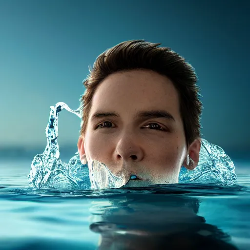 Image similar to spillin water creating a human head out of water, on the ocean water, ray tracing, realistic water sharp focus, long shot, 8 k resolution, cinematic, amazing water art