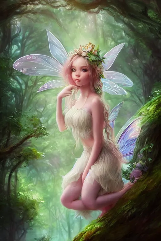 Image similar to a cute fairy in the dreamy forest, fantasy, 8 k resolution, hyper detailed, d & d, character design, digital painting, trending on artstation, sharp focus, illustration, art by artgerm, steve zheng, fuji choko, viktoria gavrilenko, hoang lap