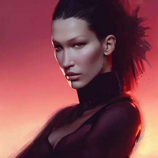 Image similar to a closeup portrait of bella hadid, dramatic light, city background, sunset, high contrast, sharp, painted by stanley lau, painted by greg rutkowski, painted by stanley artgerm, digital art, trending on artstation