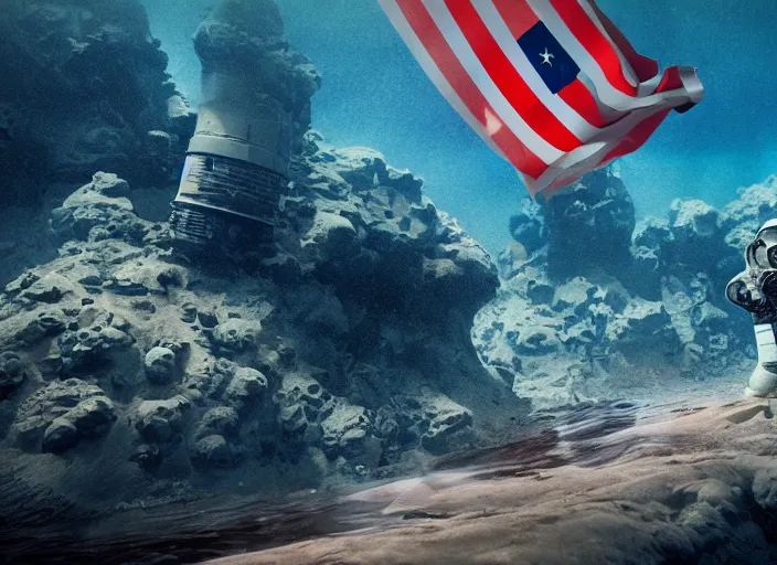 Image similar to astronaut underwater putting a flag in the sand of the bottom of the ocean. there is a submarine that looks like a rocket in the distance. dark, concept art, cinematic, dramatic, atmospheric, 8 k, trending on artstation, low visibility, zack snyder