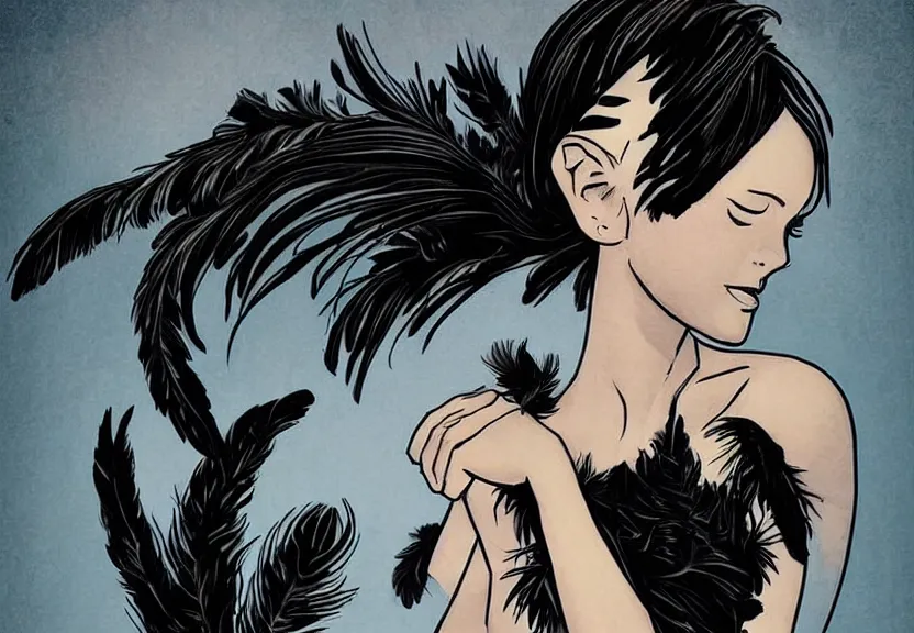 Image similar to beautiful little girl with a short black haircut wearing a dress made of black feathers, artwork in western comic art style, anatomically perfect