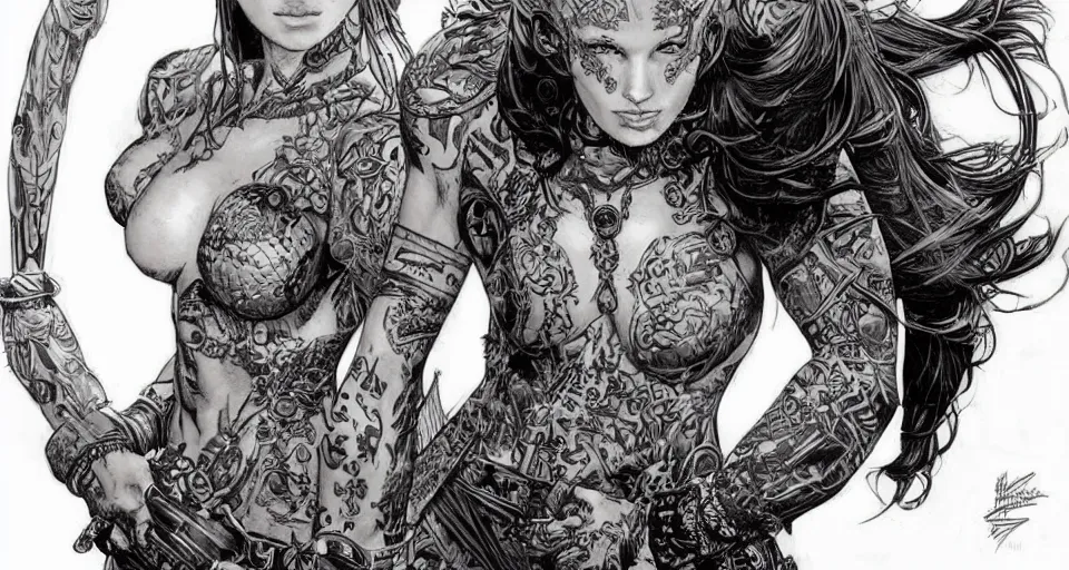 Prompt: a beautiful portrait of a woman with many tattoos, in ornate armor, Travis Charest style