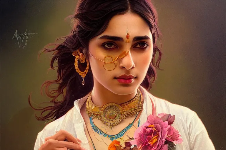 Image similar to Beautiful pale young Indian doctor partying in Texas, portrait, elegant, intricate, digital painting, artstation, concept art, smooth, sharp focus, illustration, art by artgerm and greg rutkowski and alphonse mucha