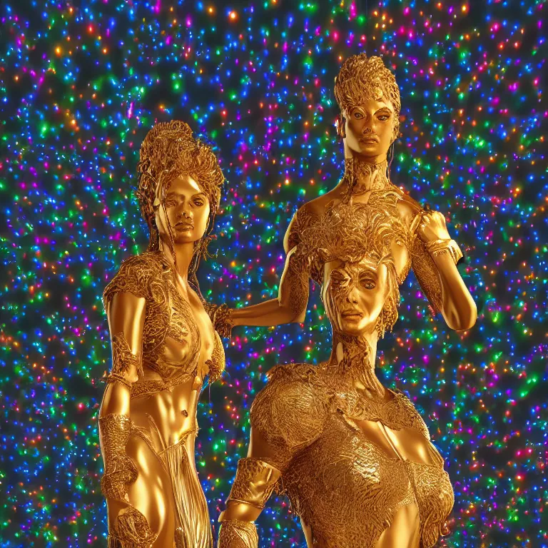 Image similar to octane render portrait by wayne barlow and carlo crivelli and glenn fabry, an incredibly realistic shiny reflective high - end colorful statue of a roman goddess made out of pored resin surrounded by flying colorful sparks, cinema 4 d, ray traced lighting, very short depth of field, bokeh