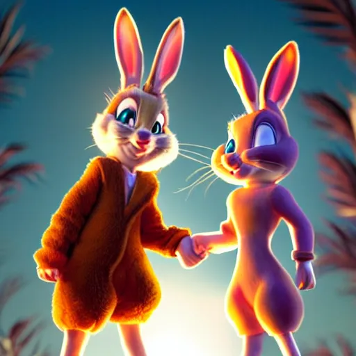 Prompt: Lola Bunny and Bugs Bunny holding hands, romantic lighting, cinematic, highly detailed