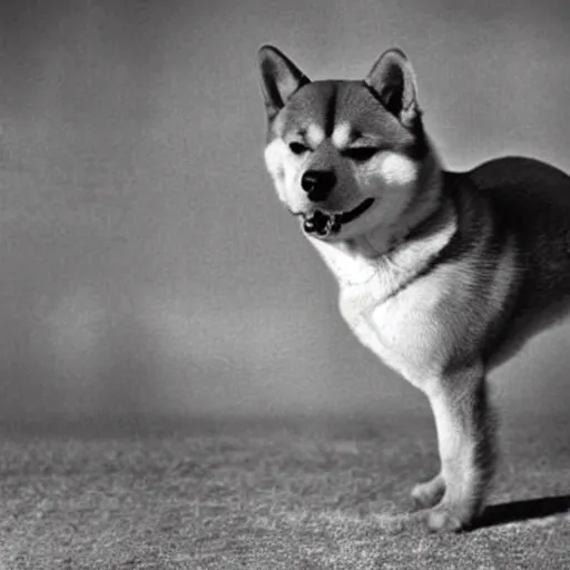 Prompt: a retro photograph of a shiba inu as godzilla destroying a city