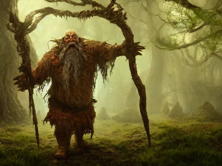 Image similar to Scared High Fantasy Dwarf Druid running through Haunted Swamp, RPG Portrait Reference, Oil Painting, Trending on Artstation, octane render, Insanely Detailed, 8k, HD