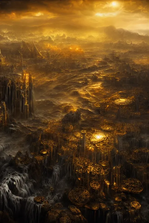 Prompt: aerial view, golden hour, at the dawn of time, golden lighting, nightmare, in a symbolic and meaningful style, dark fantasy city, waterfall, warhammer style, highly detailed, digital painting, trending on artstation, gradient silver to gold, concept art, sharp focus, illustration, octane render, high detailed, high saturation