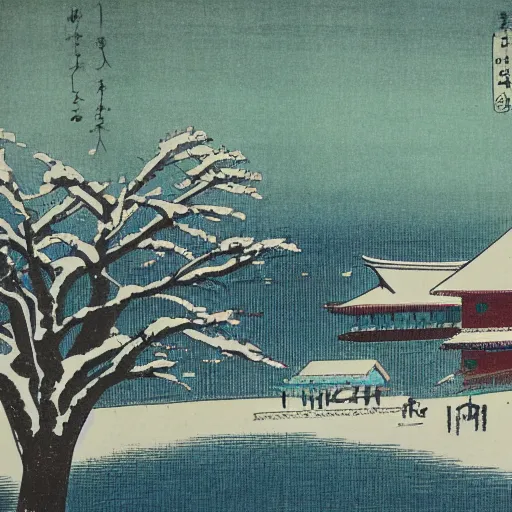 Image similar to late meiji period, colored woodblock print, white winter landscape