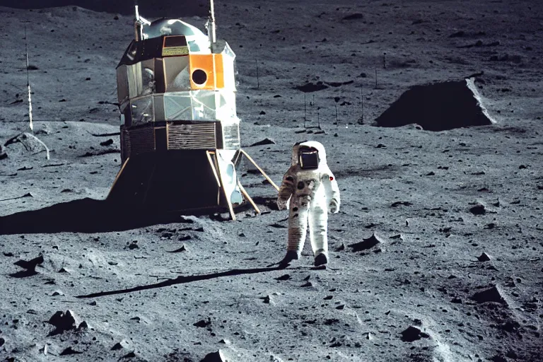 Prompt: analog photograph of lunar base alpha with an astronaut waving, harsh lighting, film grain, color bleed, bokeh, depth of field