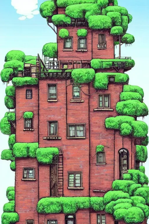 Image similar to (((((a ramshackle manhattan brick brownstone deep in the forest))))) by Studio Ghibli!!!!!!!!!!!!!!!!!!!!!!!!!!!