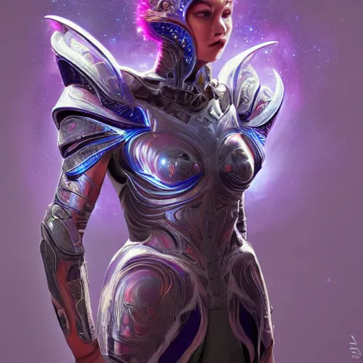 Image similar to Spaulder shoulder Armor set made of galaxies and sci fi parts conjuring cosmic energy, smooth, intricate, elegant, galactic energy, power aura, digital render, artstation, concept art, high tech fantasy, sharp focus, photorealism, art by Artgerm and moebius and Peter Mohrbacher, Unreal engine 5