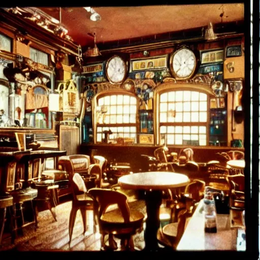 Image similar to Interior shot of a steampunk pub by stanley kubrick, shot by 35mm film color photography