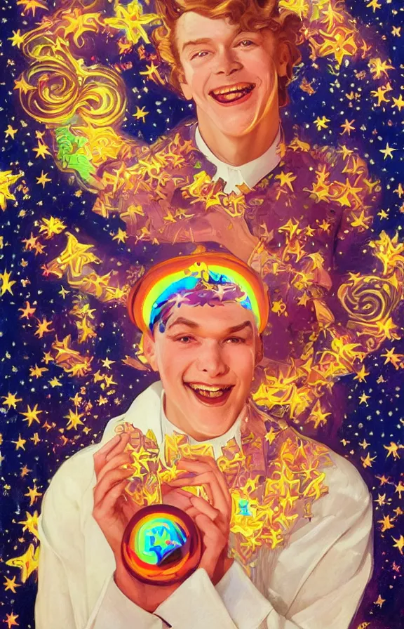 Prompt: ethereal coherent face+stars+moon+semi-realism painting: psychedelic+j.c. leyendecker+colorful+jack in the box+smiling+🦋🥳🌈