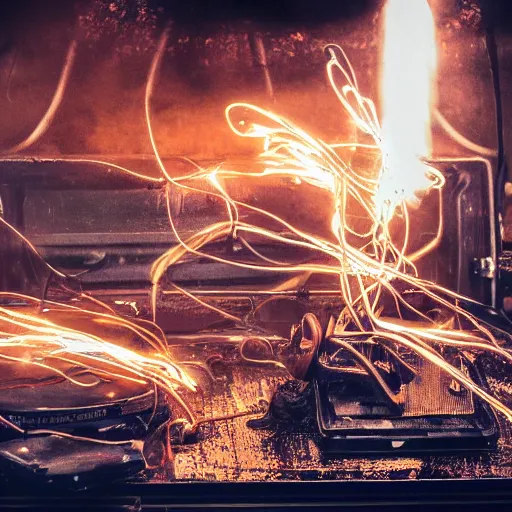 Image similar to overcharging toaster oven, tangles of metallic cables, dark messy smoke - filled cluttered workshop, dark, dramatic lighting, orange tint, sparks, plasma charges, cinematic, highly detailed, sci - fi, futuristic, movie still