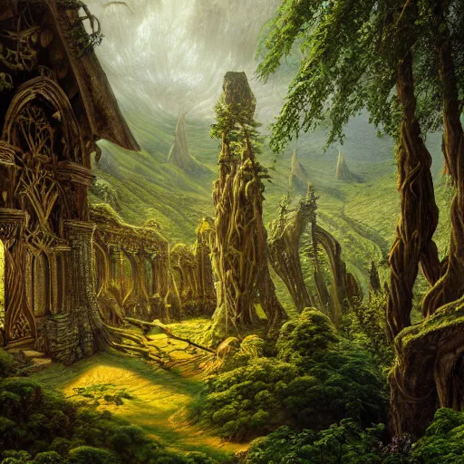 Image similar to a beautiful and highly detailed epic oil painting of an elven palace in the mountains, lush valley, beautiful trees, tangled rune vines, ancient stone runes, intricate details, epic scale, insanely complex, 8 k, sharp focus, hyperrealism, fantasy landscape, psychedelic, by caspar friedrich, brian froud, albert bierstadt,