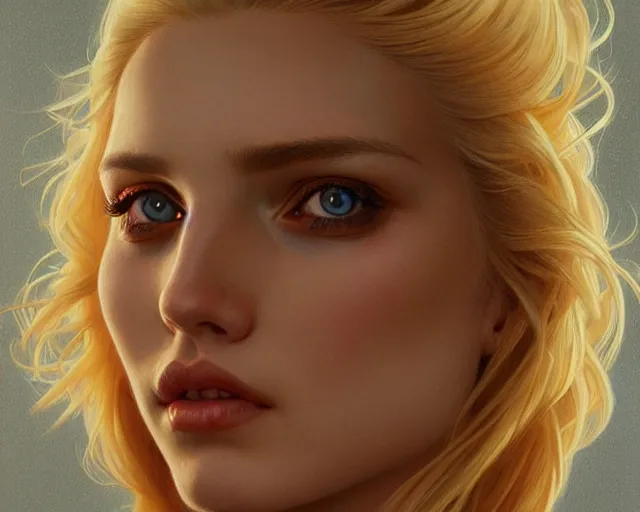 Image similar to portrait of blonde girl with mutiple heads, jump suit, vivid eyes, real life skin, intricate, elegant, highly detailed, artstation, concept art, smooth, sharp focus, art by artgerm and greg rutkowski and alphonse mucha