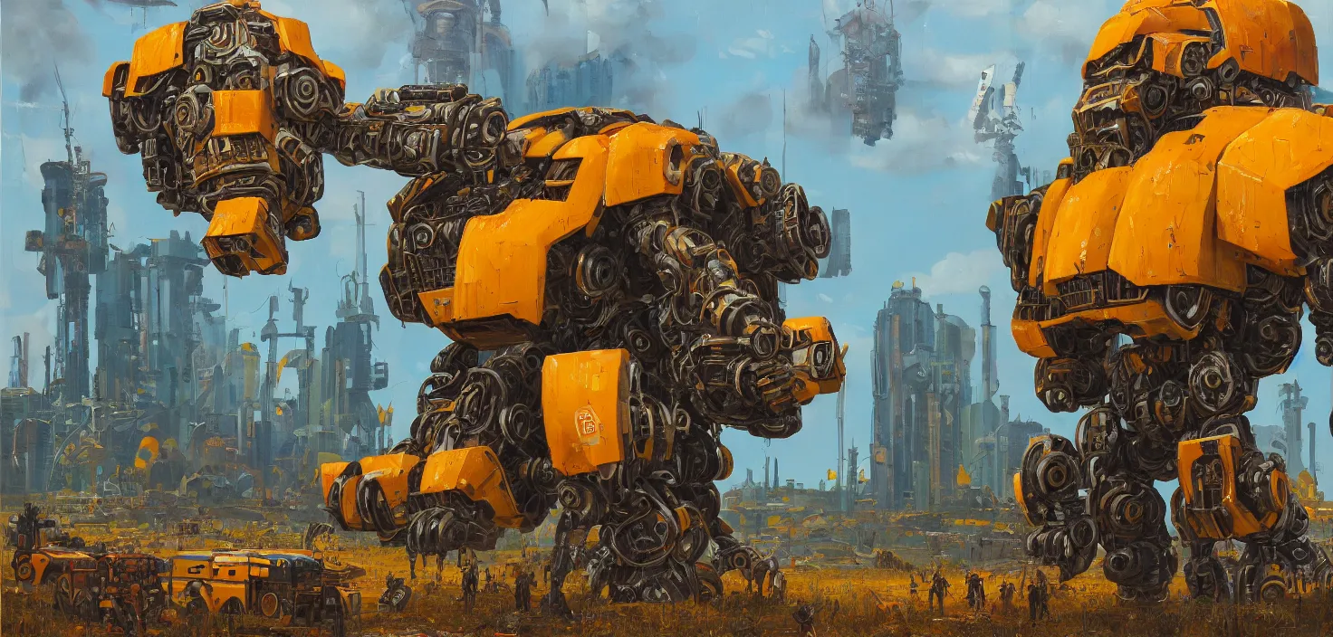 Prompt: an intricate oil painting of a giant south african armored gorilla shaped scrap metal mecha by simon stalenhag, yellow, orange and cyan paint decals