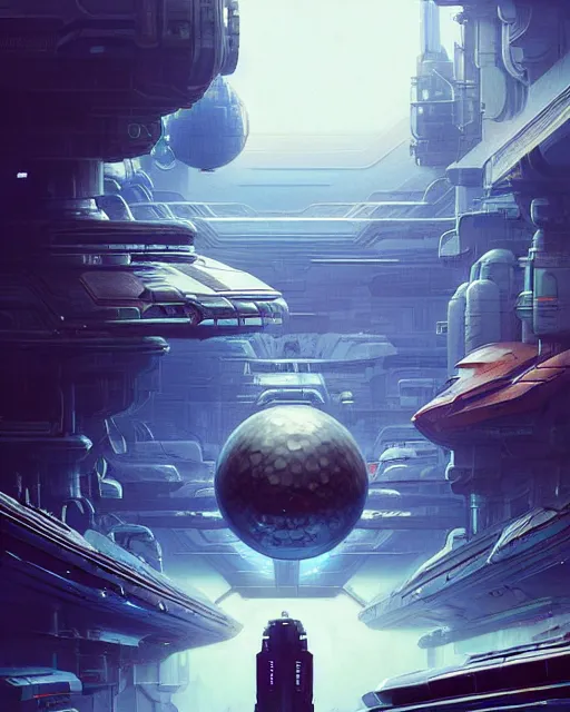 Image similar to Full shot of a spaceship defined factory features, intricate abstract. Fusion reactor spheres. cyberpunk, symmetrical design features. By Richard Corben By Ruan Jia and Artgerm and Range Murata and WLOP and Ross Tran and William-Adolphe Bouguereau and Beeple. Key Art. Fantasy Illustration. award winning, Artstation, intricate details, realistic, Hyperdetailed, clean ink detailed line drawing, 8k resolution.