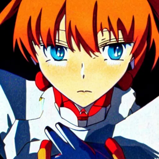 Prompt: Asuka from the End of Evangelion, iconic scene, anime, official artwork