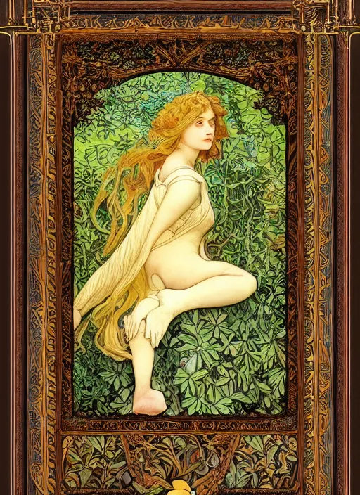 Image similar to masterpiece beautiful seductive flowing curves pose preraphaelite portrait photography, extreme close up, straight bangs, thick set, yellow ochre ornate medieval dress, mushroom forest arch, amongst foliage, william morris and kilian eng and mucha, framed, 4 k
