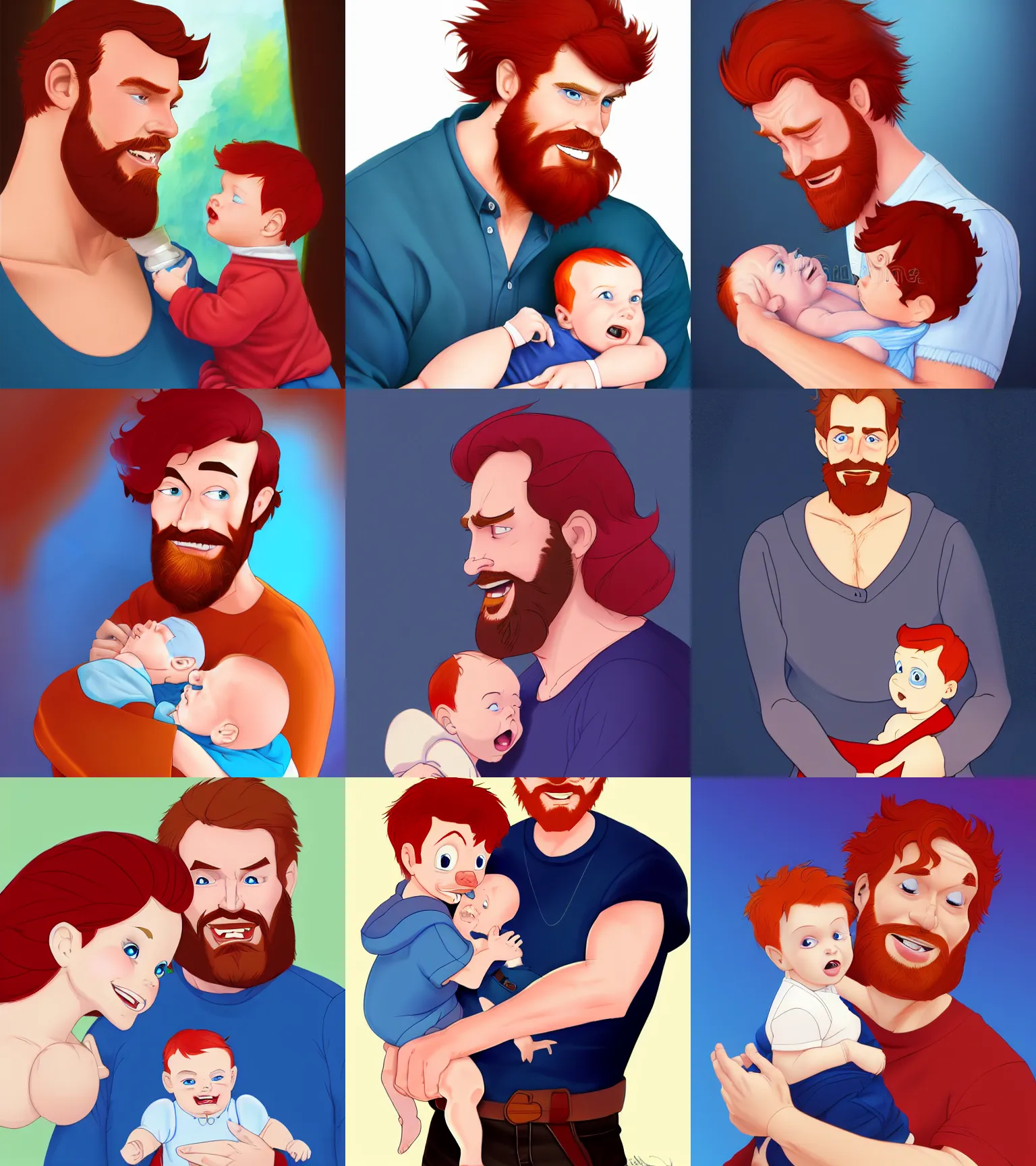 Prompt: a red - haired short red bearded father with blue eyes and his infant baby boy full color digital illustration in the style of don bluth, artgerm, artstation trending, 4 k