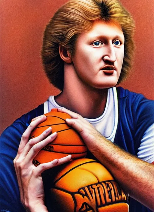 Prompt: ultrawide angle colour portrait masterpiece photography of larry bird holding a basketball by annie leibovitz michael cheval miho hirano moebius josh kirb