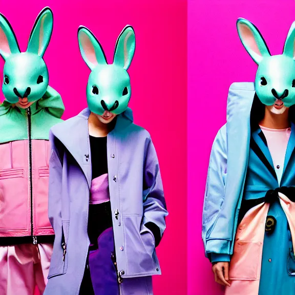 Prompt: two models in plastic bunny masks wearing baggy colorful 9 0 s jackets by rick owens. magazine ad. pastel brutalist background.