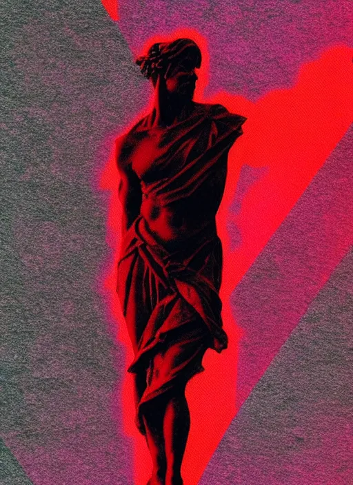 Image similar to black background with subtle red and purple design elements, closeup of a greco roman statue, grey, nekro, thin lines, dark, glitch art, neo vaporwave, gritty, layout frame, trending on artstation