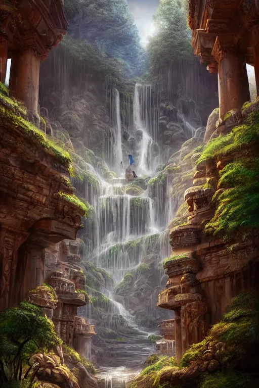 Image similar to An amazing interior of the temple of the gods of nature, intricate details, vast open interior, amazing and tall waterfalls, dramatic lighting, digital art, trending on Artstation, dark, hyper-realistic, detailed