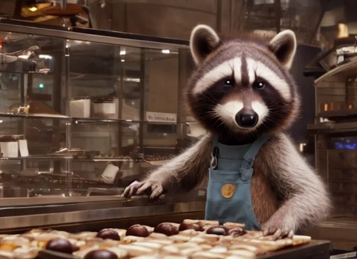 Image similar to film still of Rocket Racoon working as a chocolatier in the new Avengers movie, 4k