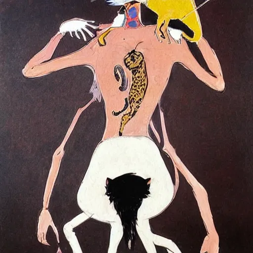 Image similar to a detailed painting of a man with a cat on his back by gerald scarfe and ralph steadman