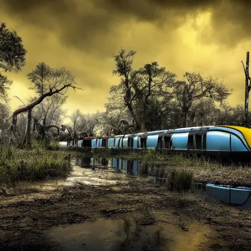 Image similar to post - apocalyptic magic kingdom, wasteland, submerged, monorail, abandoned, wet, swamp, swamp gas, nuclear fallout, yellow mist, yellow sky, dark clouds, walt disney world, highly detailed, intricate, 8 k