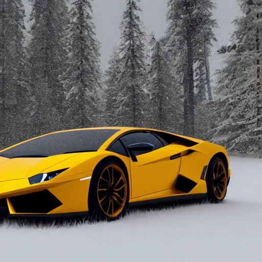 Image similar to ultra detailed lamborghini in a snowy forest with leaves falling, 8 k, octane render, ray traced, global illumination, ultra detailed, photorealistic