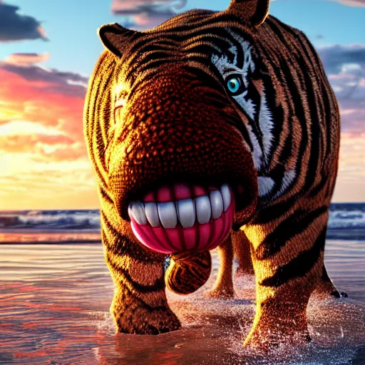 Prompt: a closeup photorealistic photograph of a cute smiling knitted tiger hippopotamus chasing colorful beachballs during sunset. teeth exposed, surf in the background. professional capture. this 4 k hd image is trending on artstation, featured on behance, well - rendered, extra crisp, features intricate detail, epic composition and the style of unreal engine.