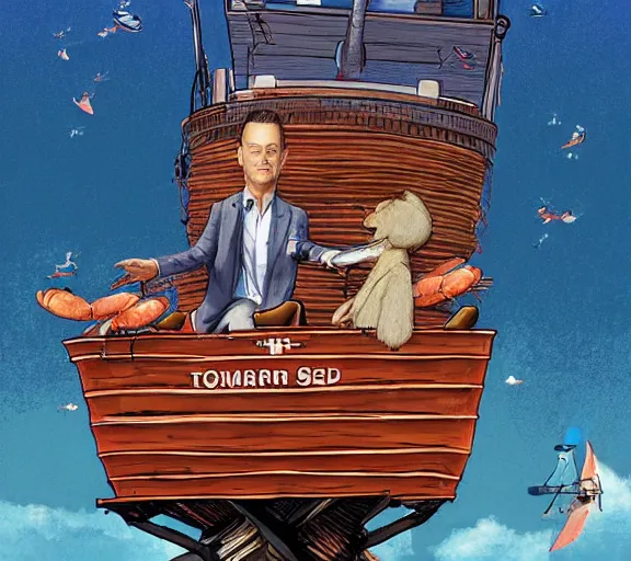 Image similar to Tom hanks as forrest gump sitting in a giant shrimp boat, majestic beautiful world, digital art, hyper detailed, artstation, in the style of maurice sendak