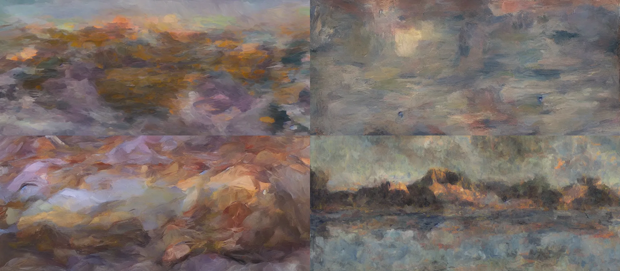 Prompt: oil paint abstraction mountain sunset over water, reflections, crepuscular rays, long exposure