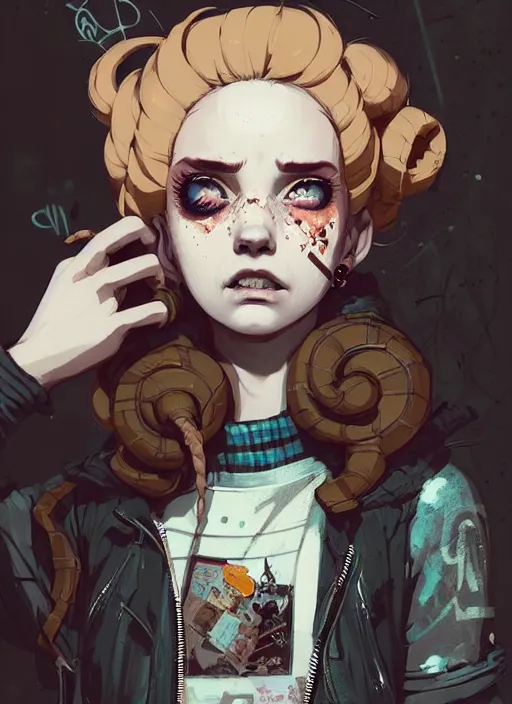 Image similar to highly detailed portrait of a sewer punk lady, tartan hoody, white ringlet hair by atey ghailan, by greg rutkowski, by greg tocchini, by james gilleard, by joe fenton, by kaethe butcher, gradient peach, brown, blonde cream and white color scheme, grunge aesthetic!!! ( ( graffiti tag wall background ) )