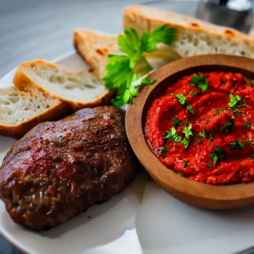 Image similar to Ćevapi with lepinja bread, onions and ajvar elaborately served in a Michelin star restaurant, professional food photography, Canon EOS 5D Mark II | 42mm | f/4.0 | 1/1250s | ISO 125