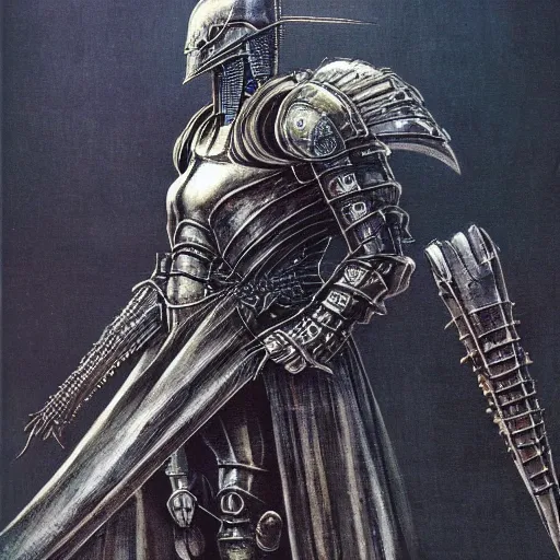 Prompt: a medieval styled cyborg armor, by hr giger, kentaro miura, wayne barlowe, bloodborne, dark souls, breathtaking, sense of awe