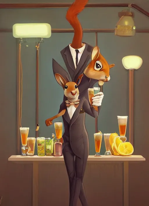 Prompt: squirrel anthro as a dapper bartender with a big, fluffy tail, retro futurism, art deco, detailed, painterly digital art by WLOP and Cory Loftis and Don Bluth, 🐿🍸🍋, furaffinity, trending on artstation