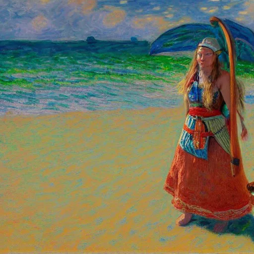 Prompt: painting of a viking woman getting a sun tan on a tropical beach, intricate, 8 k, in the style of claude monet, high detal