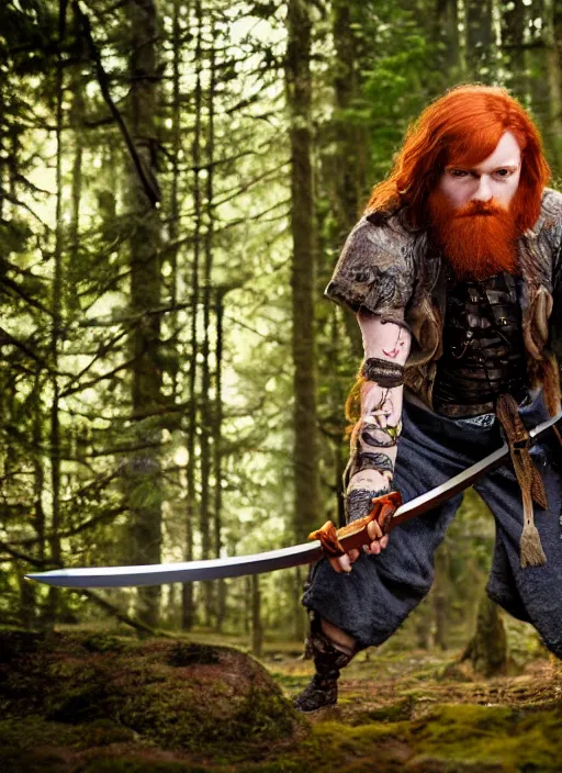 Image similar to 8K, grungy redhead 30-something bearded long haired swordsman holding a short curved sword in a ultradetailed pacific northwest redcedar forest, smooth, sharp focus, illustration. sharp focus, D&D, detailed, intricate, cinematic lighting