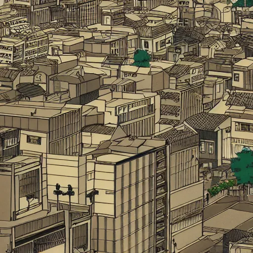 Image similar to japanese town, neighborhood, surreal neighborhood, street view, modern neighborhood, japanese city, underground city, modern city, tokyo - esque town, 2 0 0 1 anime, cel - shading, compact buildings, sepia sunshine