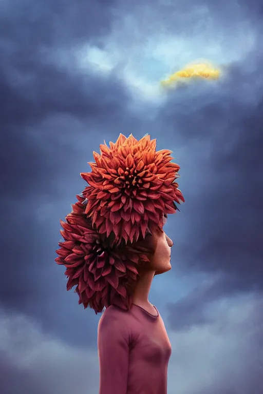 Image similar to closeup giant dahlia flower as head, girl standing on mountain, surreal photography, blue storm clouds, dramatic light, impressionist painting, digital painting, artstation, simon stalenhag