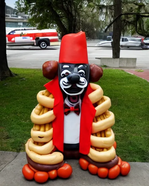 Prompt: hotdog sculpture of snoop dogg made of hotdogs