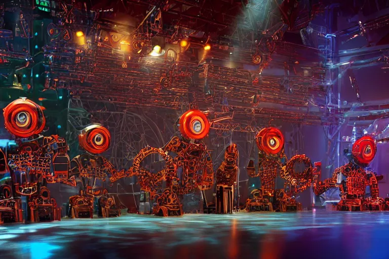 Image similar to stage from the show america got talent, on stage are 4 golden and blue metal humanoid steampunk robots dancing, robots are wearing gears and tubes, eyes are glowing red lightbulbs, shiny crisp finish, 3 d render, 8 k, insaneley detailed, fluorescent colors, nightlight