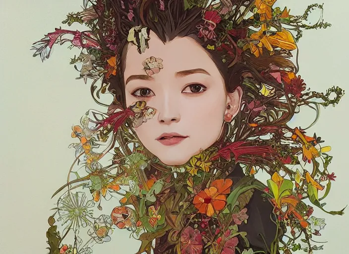 Image similar to oil painting, long shot, beautiful floralpunk iban bio mechanical female illustration detailed patterns art of sarawak traditional dress, flower pop art, floral splash painting, art by ashley wood, alphonse mucha, makoto shinkai, geof darrow, dark shadow