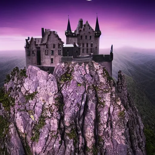 Prompt: dark gothic castle on an high mountain near the ocean. gradient purple sky. aerial photography, flintlock fantasy